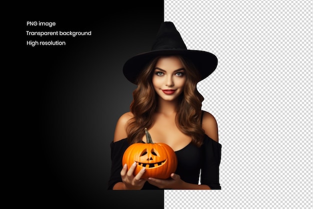 PSD donna di alta moda di halloween che ostenta costume nero e creazione di zucca