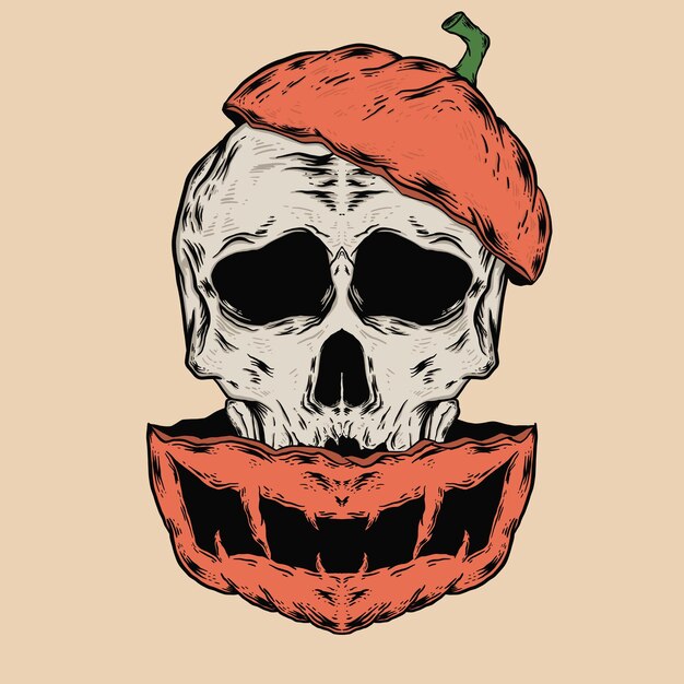 Halloween-illustratie van een schedel met een gespleten pompoen