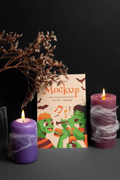 PSD invito di halloween con mockup di candele