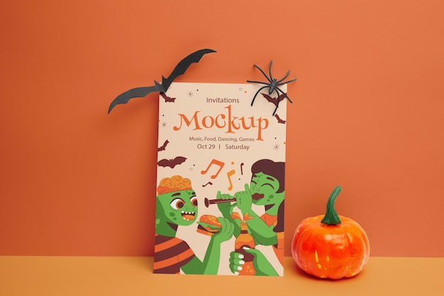 PSD halloween invitation with pumpkin mockup