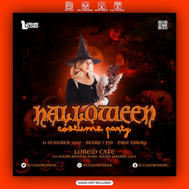 Halloween-kostuumfeestevenementposter of postsjabloon voor sociale media