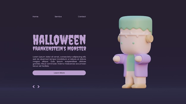 PSD halloween landing page template with frankensteins monster 3d rendering illustration