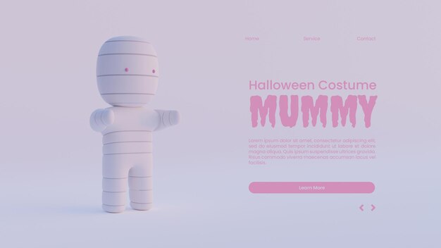 Halloween landing page template with mummy 3d rendering illustration