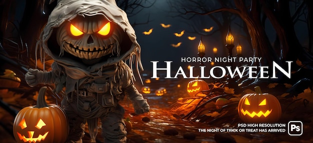 Halloween met pompoen en herenhuis achtergrond 3d cartoon landschap banner