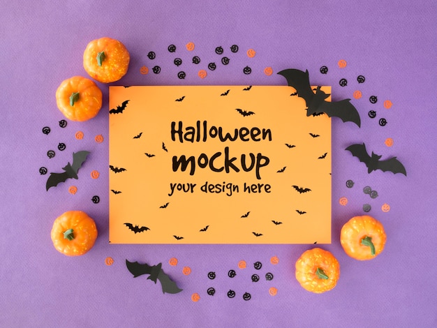 PSD halloween mock-up with pumpkins and bats