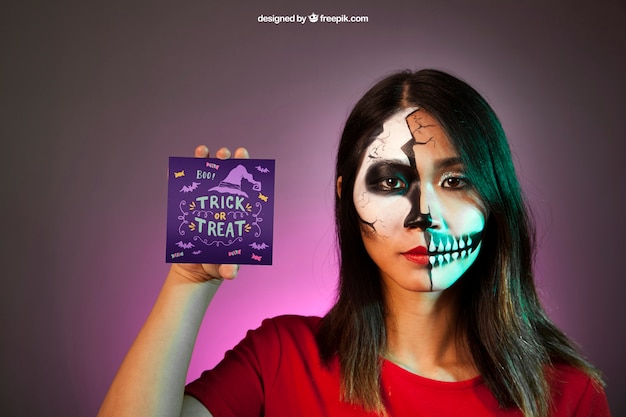 Halloween mockup with girl presenting card