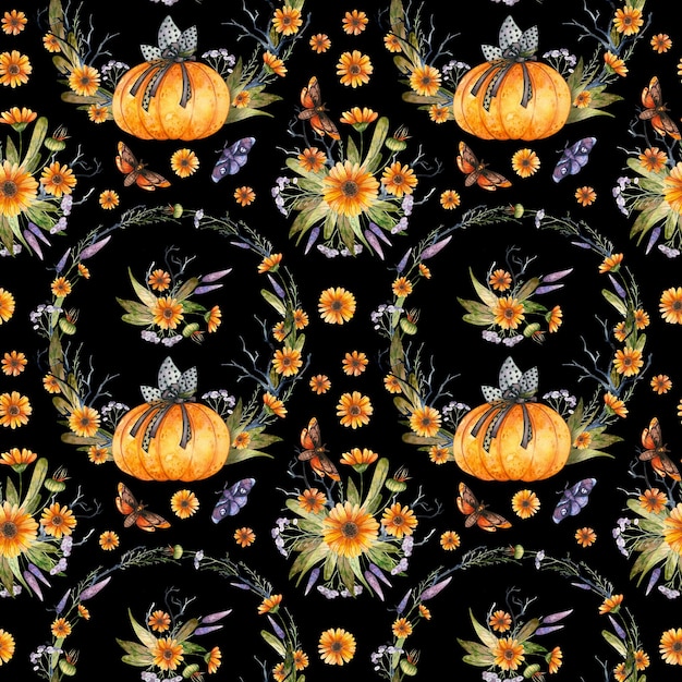 Halloween naadloze patroon psd met aquarel pompoenen vlinders en gotische bloemstukken