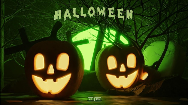 Halloween-nacht twee pompoenen op de achtergrond van de bossamenstelling