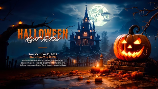 PSD notte di halloween in stile cartone animato 3d con banner paesaggio sfondo castello e zucca