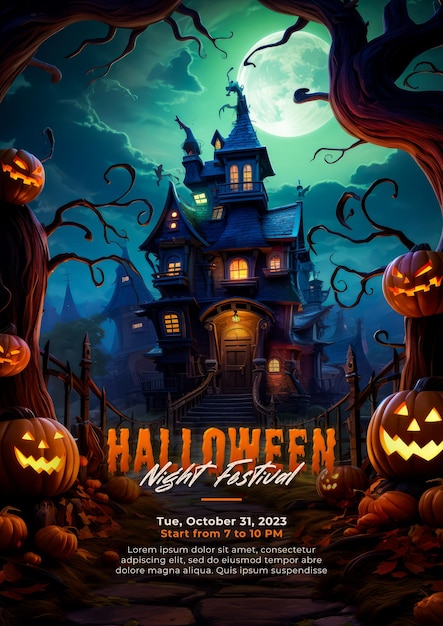 PSD halloween night 3d cartoon style with pumpkin and mansion flyer potrait banner