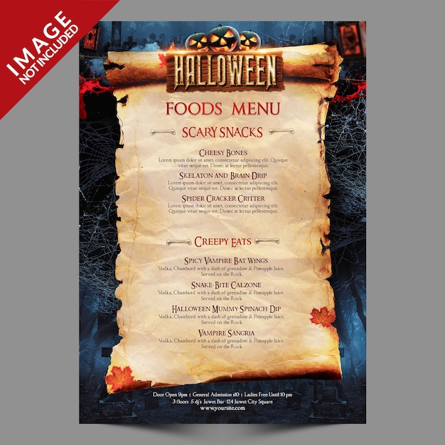 Modello di menu di cibo per eventi notturni di halloween