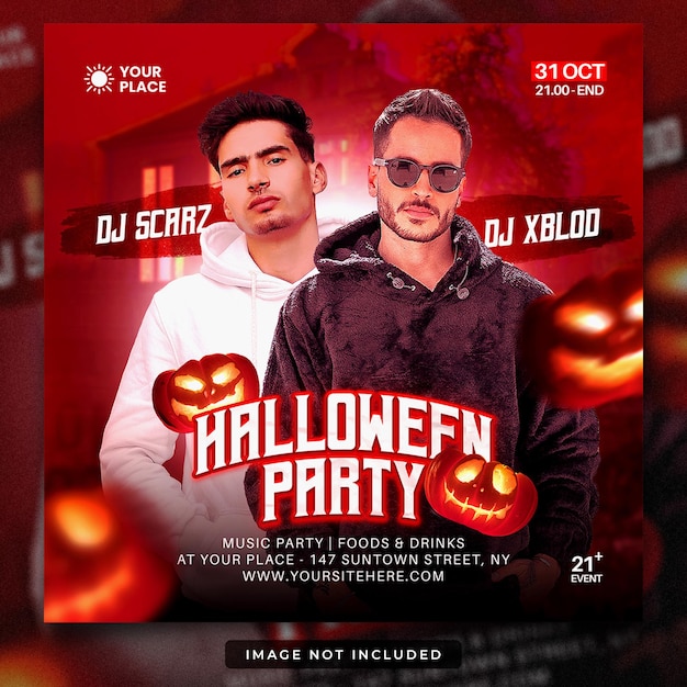 PSD halloween night party flyer i szablon postów w mediach społecznościowych