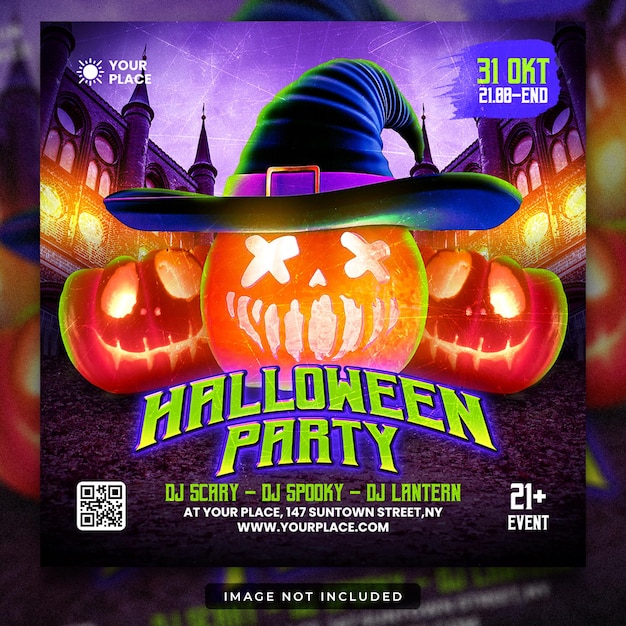 PSD halloween night party flyer i szablon postów w mediach społecznościowych