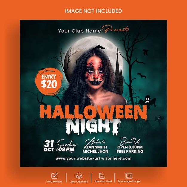 Halloween night party flyer and social media post banner template