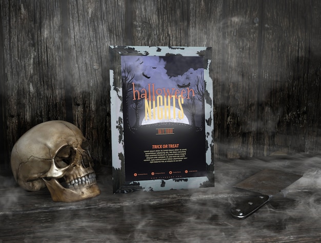 PSD halloween nights frame mock-up in the mist and skull