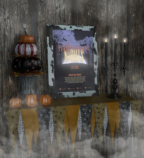 Premium PSD | Halloween nights frame mock-up and pile of pumpkins