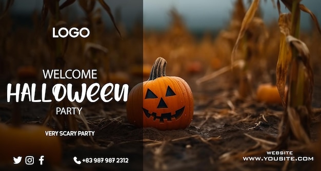 A halloween party poster with a pumpkin on the side of it