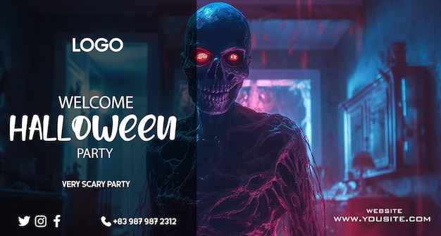 A halloween party poster with a skeleton on it