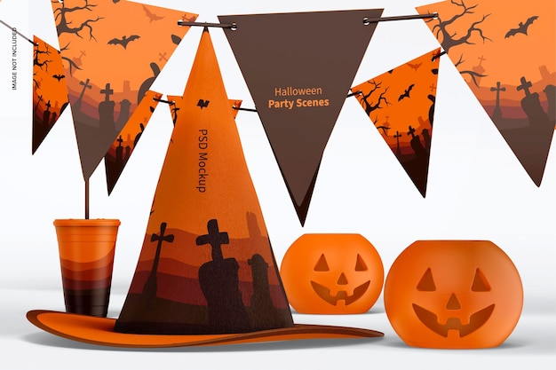 PSD mockup di scena di festa di halloween, vista frontale 02