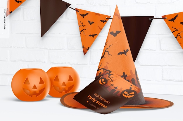 Halloween party scene mockup, front view