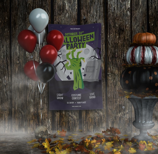 Halloween party zombie hand poster with balloons