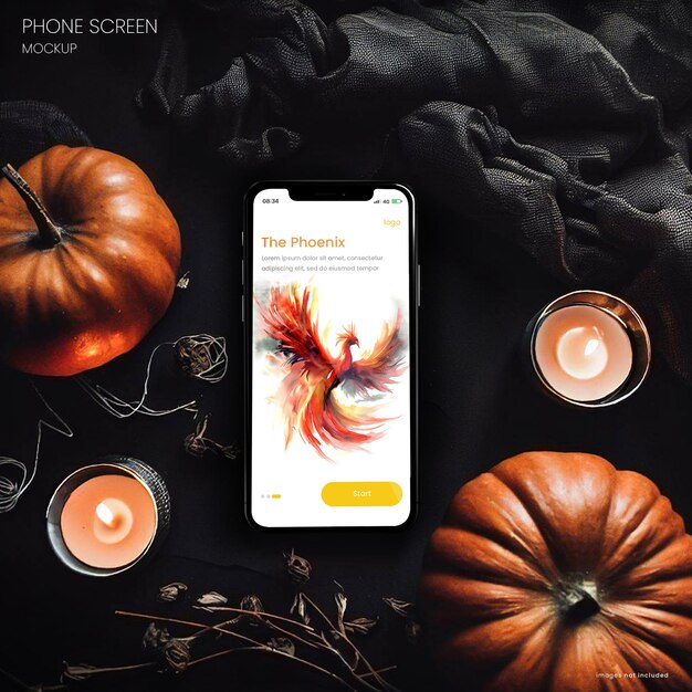 Mockup dello schermo del telefono di halloween di un iphone 15 su uno sfondo di halloween con zucche e candele