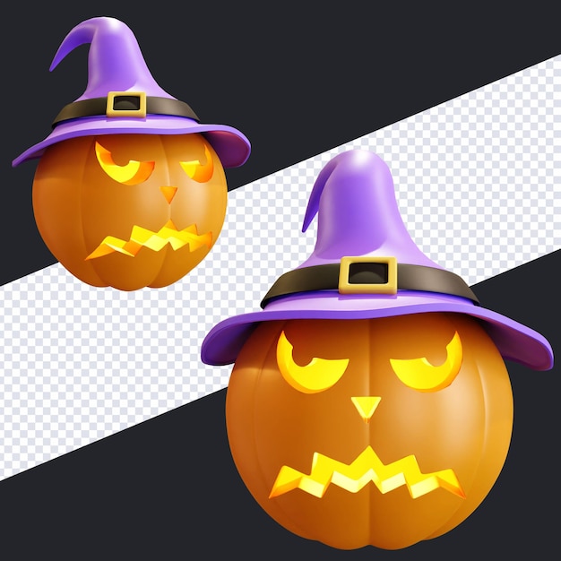 Halloween pompoen gezichtsuitdrukking met paarse heksenhoed 3d render illustratie