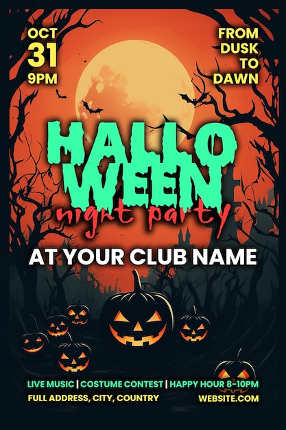 Modello poster di halloween psd modello psd di post sui social media per volantini per feste notturne di halloween