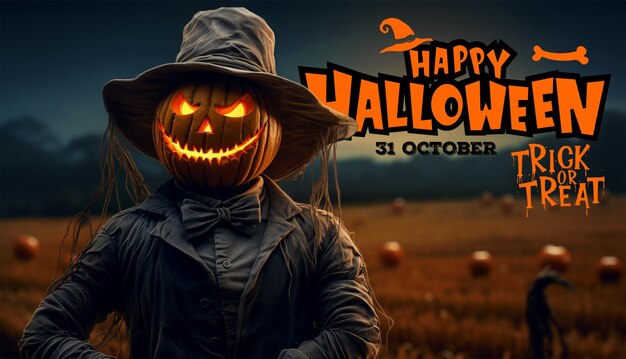PSD halloween pumpkin scarecrow in a wide field with the moon on a scary night happy halloween