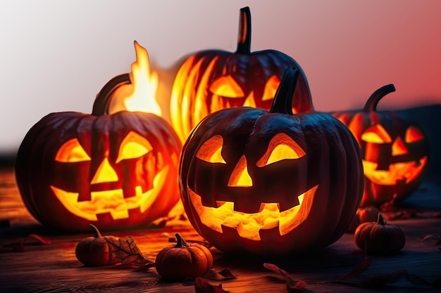 PSD halloween pumpkins on wood spooky png transparante achtergrond