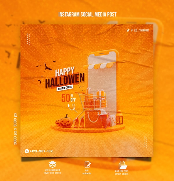 PSD halloween sale banner with 3d smartphone with trolley bag gift box on orange background