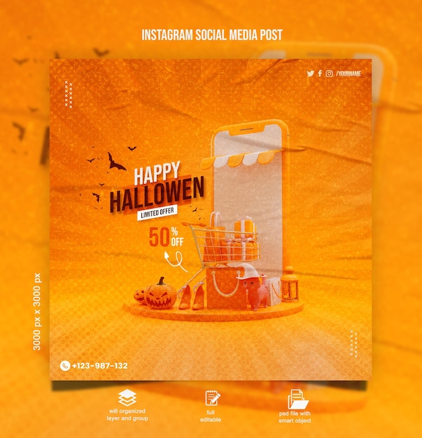 Halloween sale banner with 3d smartphone with trolley bag gift box on orange background