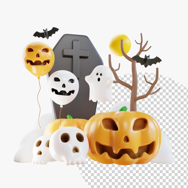 PSD halloween scary pumpkin hoofd drijvend met graf teken vleermuis schedel boom en ballon geest