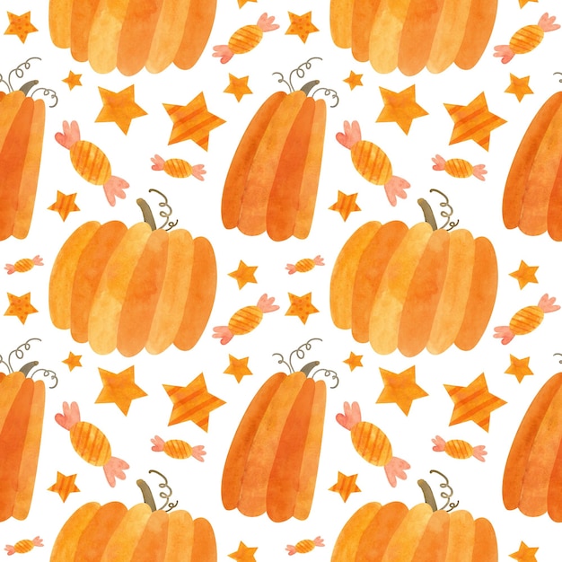 Halloween seamless pattern with orange pumpkins and sweets Cute PSD background