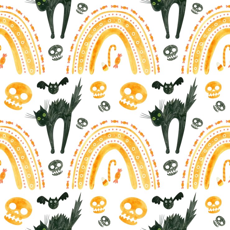 PSD halloween seamless pattern with orange skulls bats frightened black cat and rainbow psd background