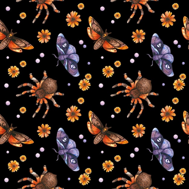 PSD halloween seamless pattern with watercolor spiders butterflies with skulls spooky background psd