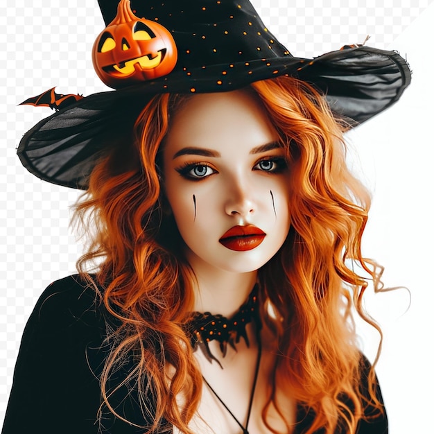 PSD halloween sexy girl wearing witch costume with a hat with pumpkin lantern showing product sales party celebrating beauty surprised woman isolated on white isolated background bright make up