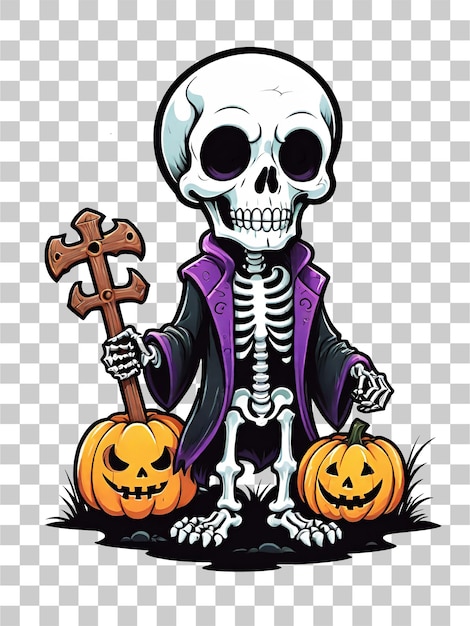 PSD halloween skeleton with pumpkins on transparent background