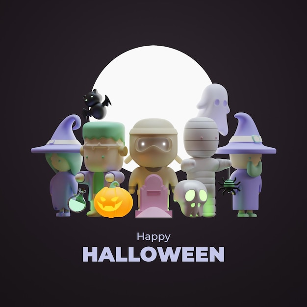 Halloween social media post template with 3d rendering illustration