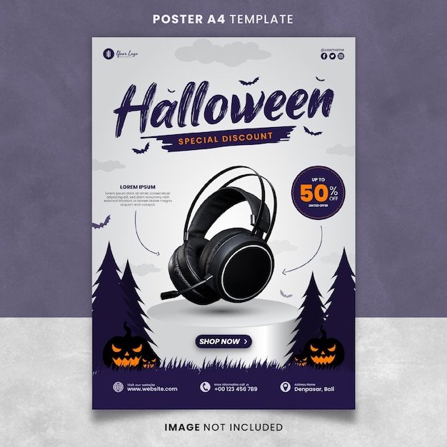 Плакат для наушников со специальной скидкой на хэллоуин или шаблон баннера