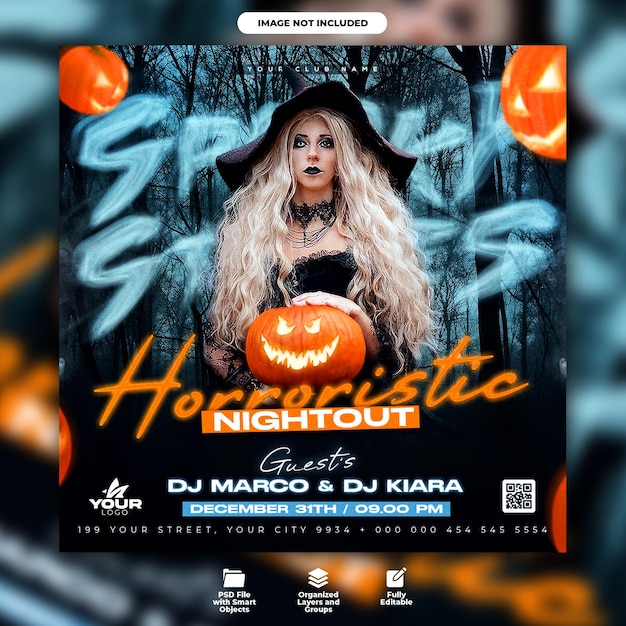 PSD halloween spooky club night party flyer and social media post template