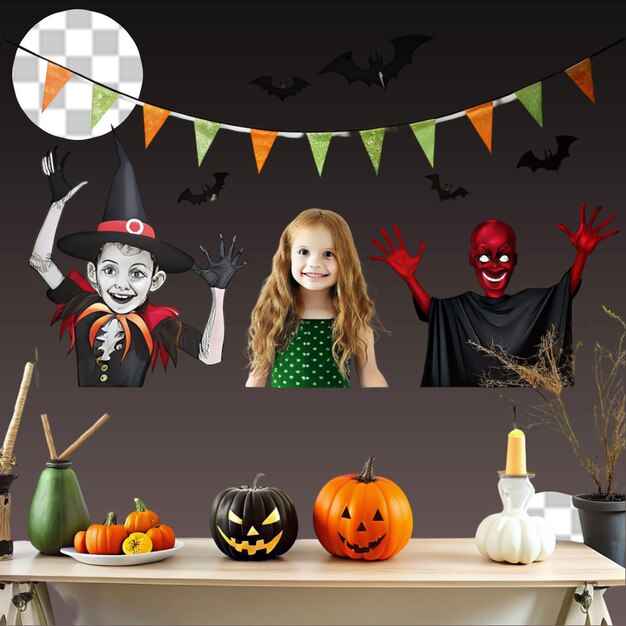 PSD halloween theme with ghost and witch on transparent background