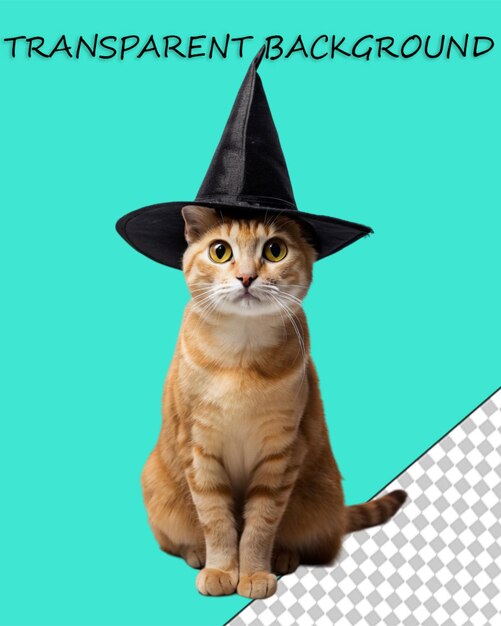 PSD ハロウィーンをテーマにした黒い猫が透明な背景に独りで魔女帽子をかぶっている