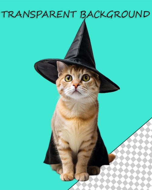 ハロウィーンをテーマにした黒い猫が透明な背景に独りで魔女帽子をかぶっている