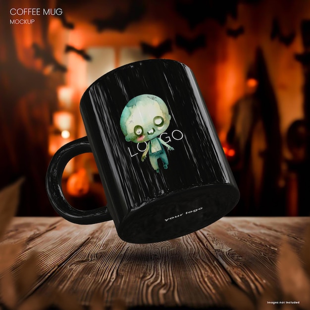PSD halloween themed ceramic coffee cup mockup on a wooden tabletop with haunted house in background