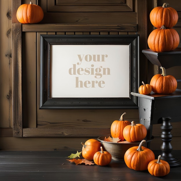 Poster mockup autunnale con grafica incorniciata a tema halloween, cornice per foto con rendering realistico 3d