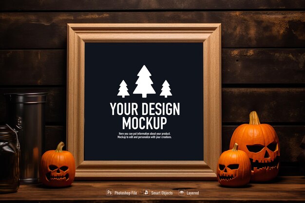 PSD a halloween themed picture frame mockup displayed on a rustic wooden table created with generative ai technology