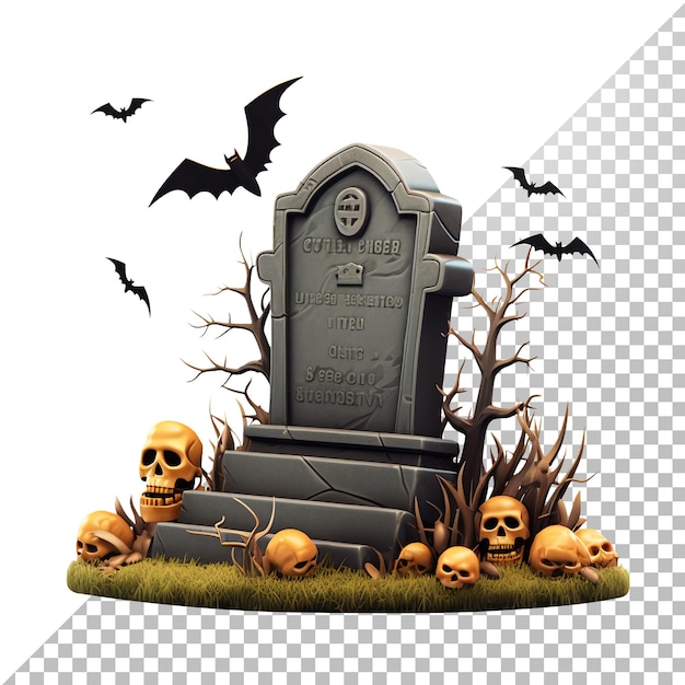 PSD halloween tomb with skulls and bats in 3d