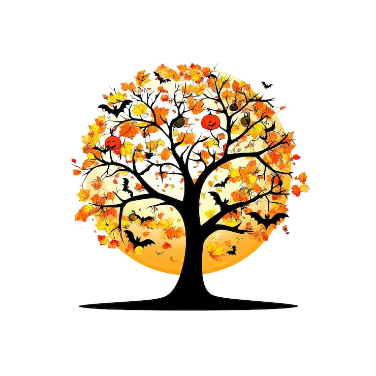 PSD halloween tree with bats and pumpkins