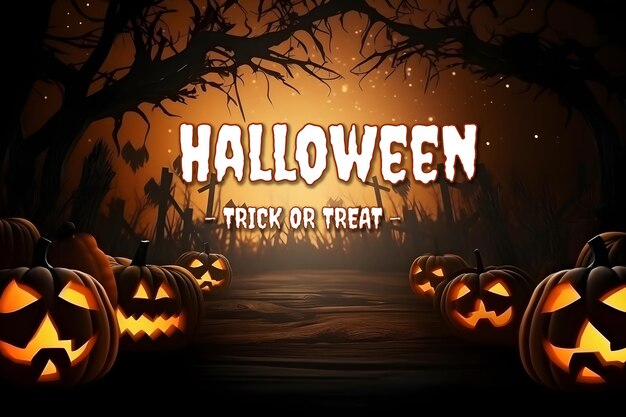 PSD halloween trick or treat jacko'lantern achtergrond met pompoenen en begraafplaats